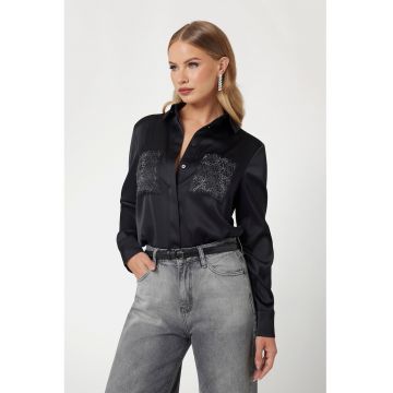 Camasa satinata cu buzunare aplicate - Negru