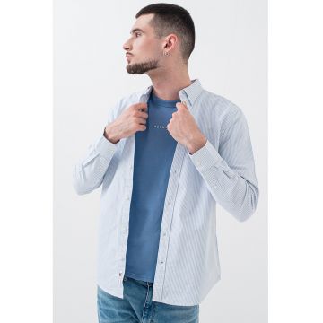 Camasa din bumbac cu model in dungi si logo brodat