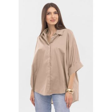 Camasa oversize bej din poplin de bumbac, cu maneca lunga