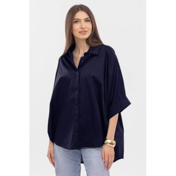 Camasa oversize bleumarin din poplin de bumbac, cu maneca lunga