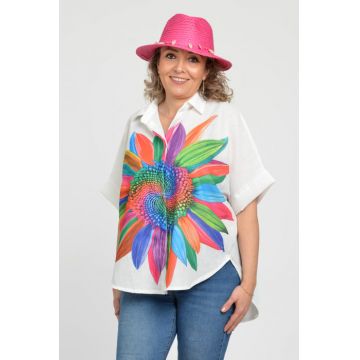 Camasa oversize cu maneca scurta din in si vascoza, imprimeu floare cu petale multicolore