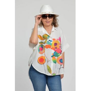 Camasa oversize cu maneca scurta din in si vascoza, imprimeu flori picturale multicolore
