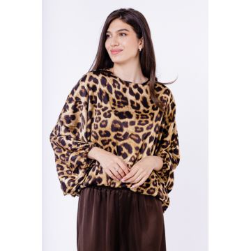 Camasa plisata din satin, cu maneci fluture si imprimeu animal print