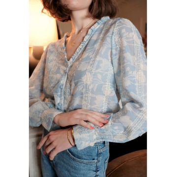 Camasa albastra cu print floral si detalii brodate - 4819T M9 17134