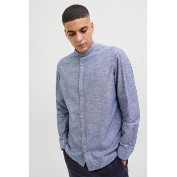 Camasa de bumbac si in cu guler Mao - Albastru melange