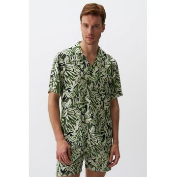 Camasa din amestec de in cu model si maneci scurte - Verde - Negru -