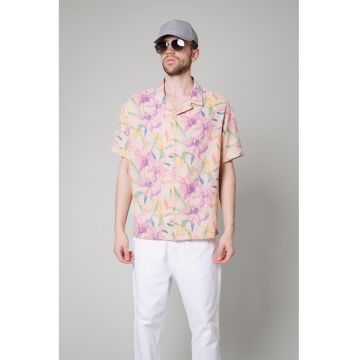 Camasa de bumbac cu model floral si maneci scurte