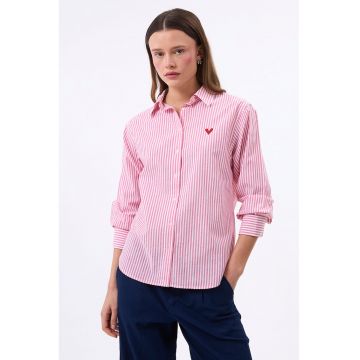 Camasa din in si bumbac cu guler ascutit si model in dungi