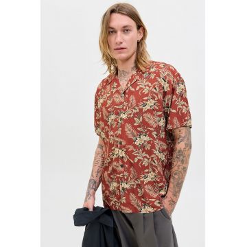 Camasa din modal cu imprimeu - Alb fildes/Caramiziu