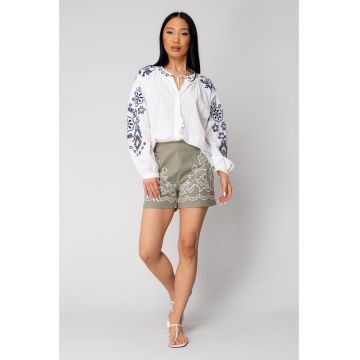 Camasa femei brodata cu maneca lunga Off White/Navy 16434