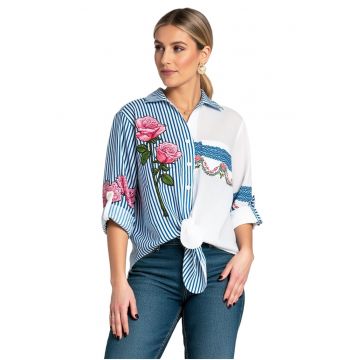 Camasa  albastra/alb - supradimensionata - boho - cu broderie - poliester -