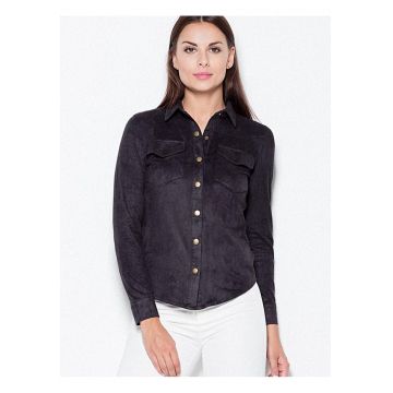 Camasa dama  lunga - neagra - din piele intoarsa - cu nasturi metalici - 95% poliester - 5% elastan