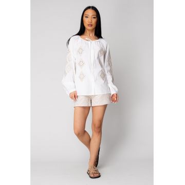 Camasa femei brodata cu maneca lunga Off White/Beige 16407