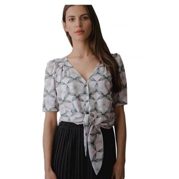 Camasa scurta -  cu decolteu in forma de inima - maneci scurte plisate - multicolor - poliester