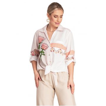 Camasa  supradimensionata cu imprimeu floral - bej - material poliester - stil boho -