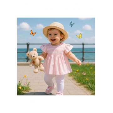 Bluza babydoll  - Flowers - Roz cu dungi albe - pentru fetite - Roz