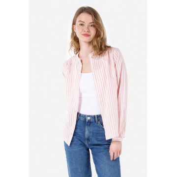 Camasa din amestec de in cu model in dungi si guler Mao