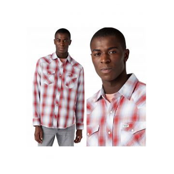 Camasa Barbati -  Ls Western Shirt - Regular Fit - Capse - 2 Buzunare - Carouri - 100% Bumbac - Confortabil - Respirabil - Ideal Pentru Zi Cu Zi - Marimea M - Rosu