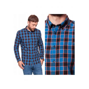Camasa Barbati -  Model 1PKT BUTTON DOWN - Croiala Clasica Regular Fit - 100% Bumbac - Cu Nasturi - Buzunar La Piept - Comoda Si Moderna - Buna Pentru Serviciu Si Fiecare Zi - Marimea S - Portocaliu/Albastru