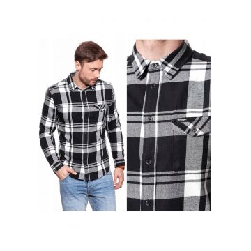Camasa Barbati -  Model 1PKT FLAP SHIRT - Croiala Regular Fit - 100% Bumbac - Cu Nasturi - Model In Carouri - Buzunar Cu Clapeta - Clasica Si Comoda Pentru Fiecare Zi - Marimea S - Negru