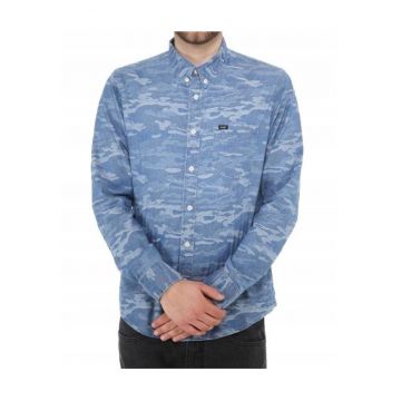 Camasa Barbati -  Model BUTTON DOWN - Croiala Slim Fit - 100% Bumbac - Cu Nasturi - Buzunar La Piept - Model Camuflaj - Moderna Si Comoda - Buna Pentru Tinute Casual - Marimea M - Albastru