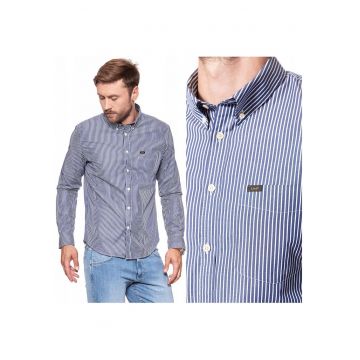 Camasa Barbati -  Model SLIM BUTTON DOWN - Croiala Slim Fit - 100% Bumbac - Cu Nasturi - Model In Dungi - Buzunar La Piept - Buna Pentru Birou Si Fiecare Zi - Marimea S - Alb/Albastru