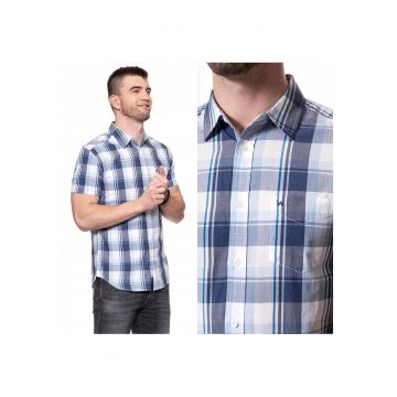 Camasa Barbati -  Model SS 1PKT SHIRT - Croiala Clasica Regular Fit - 100% Bumbac - Cu Nasturi - In Carouri - Buzunar La Piept - Buna Pentru Vara Si Fiecare Zi - Marimea S - Albastru