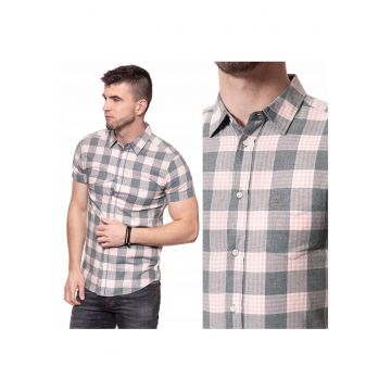 Camasa Barbati -  Model SS 1PKT SHIRT - Croiala Slim Fit - Croiala Clasica Cu Buzunar - Buna Pentru Fiecare Zi Si Serviciu - Cu Nasturi - Bumbac Confortabil - Marimea M - Gri/Roz