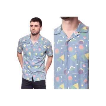 Camasa Barbati -  Model SS RESORT SHIRT - Croiala Clasica Regular Fit - 100% Bumbac - Cu Nasturi - Buzunar La Piept - Buna Pentru Vara Si Tinute Zilnice - Marimea L - Albastru