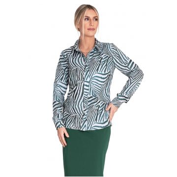 Camasa eleganta  model zebra - verde/alb - material poliester/elastan - cu guler - maneci lungi