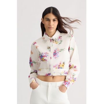 Camasa crop cu model floral si aplicatii cu strasuri