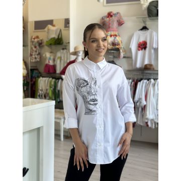 Camasa dama alba din bumbac universala mare cu broderie fata abstracta