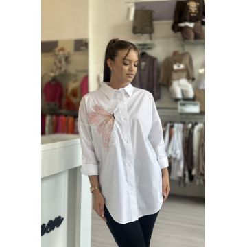 Camasa dama alba din bumbac universala mare cu broderie fluture