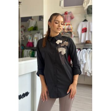 Camasa dama neagra din bumbac universala mica cu broderie flori maro