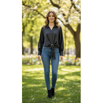 Bluza eleganta din satin negru cu detaliu tip funda si inel decorativ