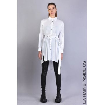 Cămașă largă - lungă tip rochie cu cordon în talie - Alb