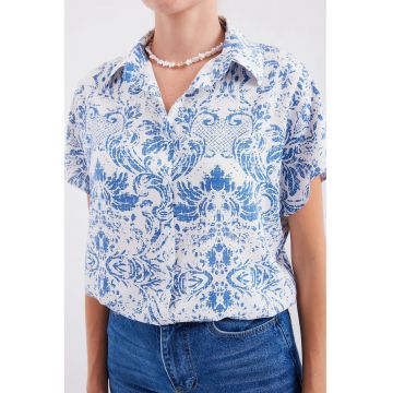 Camasa  cu maneca scurta - imprimeu floral - albastru - din viscoza