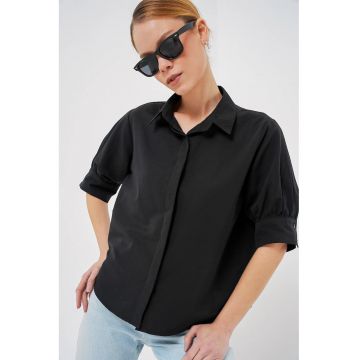 Camasa dama -  din poplin - cu nasturi - negru - bumbac
