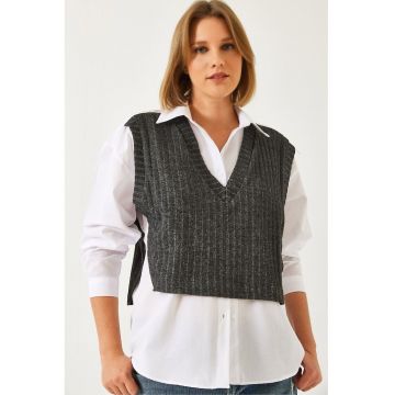 Camasa dama -  tricotata texturata - decolteu in V - alb - textil