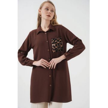 Camasa de dama  cu maneca lunga - imprimeu leopard - maro - poliester si lycra -