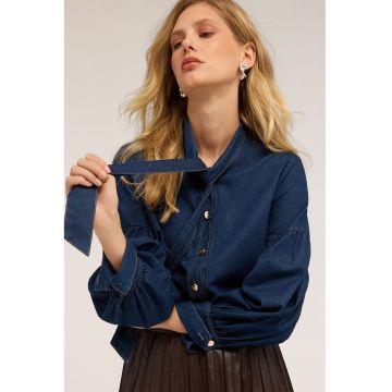 Camasa din denim cu guler cu funda din panglici