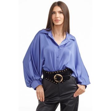 Camasa eleganta din satin, cu maneci bufante, albastra