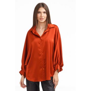 Camasa eleganta din satin, cu maneci bufante, caramizie
