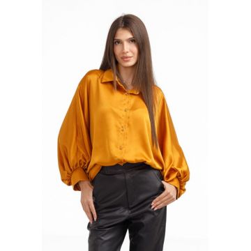 Camasa eleganta din satin, cu maneci bufante, galben mustar