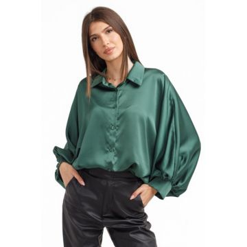 Camasa eleganta din satin, cu maneci bufante, verde forest