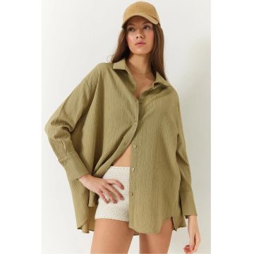 Camasa supradimensionata  cu detalii cu pompoane - verde - bumbac si poliester