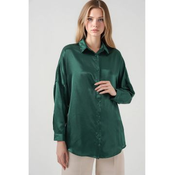 Camasa supradimensionata  din satin - verde padure - poliester - cu inchidere cu nasturi