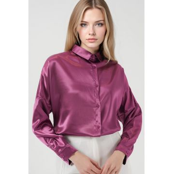 Camasa supradimensionata  din satin - violet - cu inchidere cu nasturi - din poliester