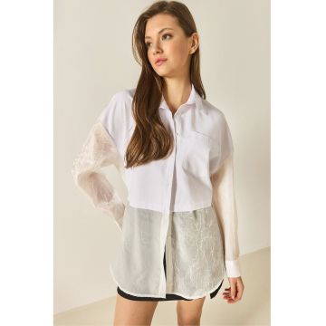 Camasa supradimensionata -  maneca lunga - detalii din organza - alb - bumbac Camasa supradimensionata -  maneca lunga - detalii din organza - alb - bumbac