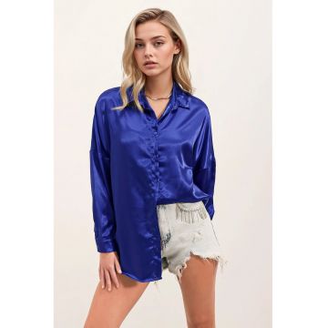 Camasa supradimensionata -  satin - albastru cobalt - cu inchidere cu nasturi -